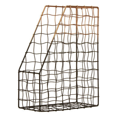 Black wire mesh mimo magazine holder with subtle copper tone accent on top edge for stylish storage