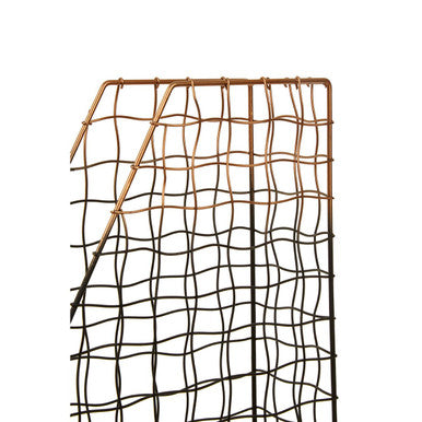 Copper-toned wire mesh mimo magazine holder with grid pattern and curved edges for stylish magazine storage