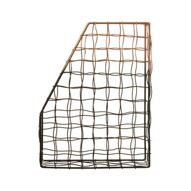 Copper-toned wire mimo magazine holder with grid pattern and tapered rectangular shape for stylish storage