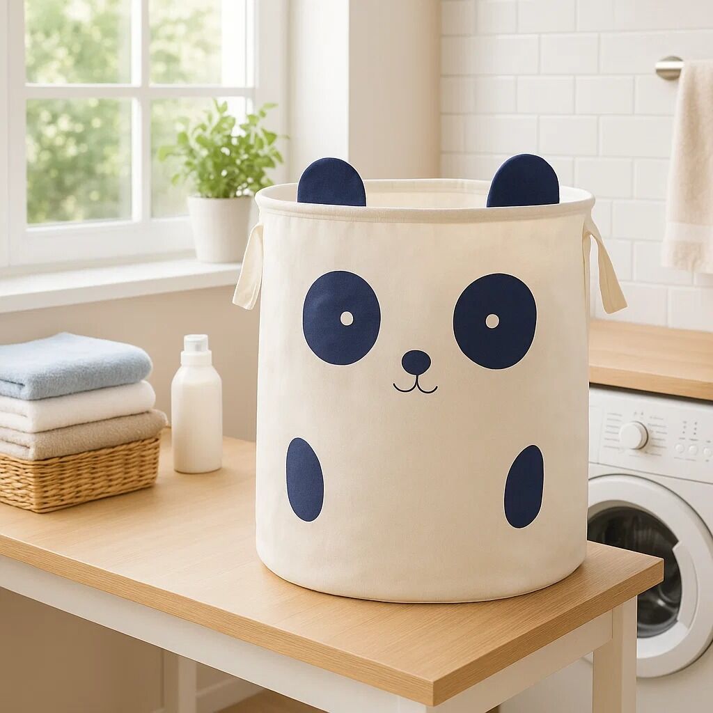 Cream-colored canvas mimo panda face laundry bag with navy blue panda face and fabric handles for panda face laundry use