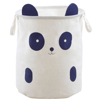 White canvas mimo panda face laundry bag with navy blue panda face design and matching ear handles