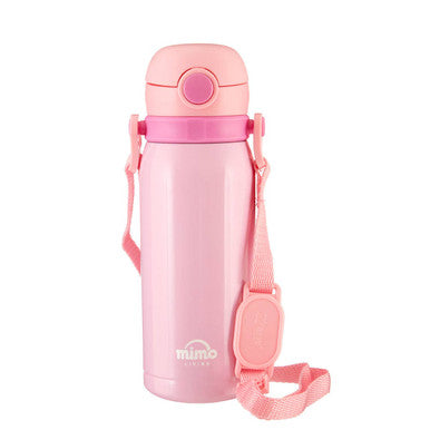 Mimo pink kids insulated pink kids drinks bottle with matching lid and strap featuring milko logo for easy carrying