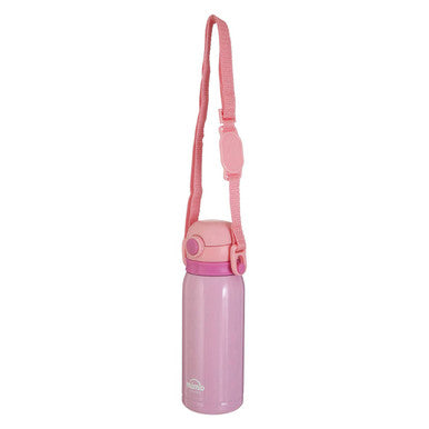 Mimo pink kids drinks bottle with pink insulated metallic finish and matching strap and lid for easy carrying