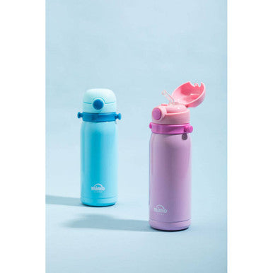 Pastel blue and pink mimo pink kids drinks bottle with insulated metallic finish and flip-top lids for easy use