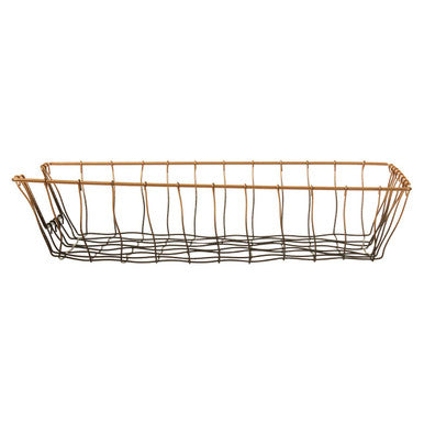 Rectangular wire basket mimo rectangular tray with black and gold metal wires woven in an open grid pattern
