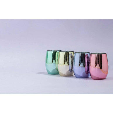 Mimo set of 4 assorted colours tumblers featuring iridescent pastel stemless wine glasses in mint green gold silver and pink