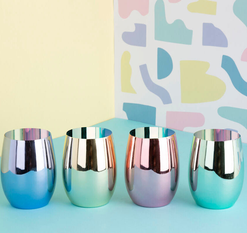 Mimo set of 4 assorted colours tumblers made of iridescent stemless glasses in blue green rose gold and teal