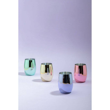 Set of four iridescent metallic stemless wine glasses in pastel hues from the mimo set assorted colours tumblers
