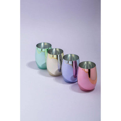 Mimo set of 4 assorted colours tumblers featuring iridescent stemless wine glasses with metallic finish and geometric design