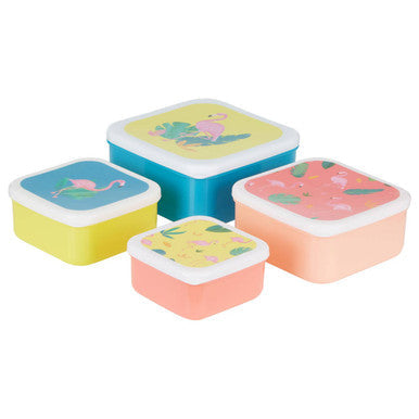 Set of 4 colorful plastic flamingo lunch boxes from mimo set with flamingo and fruit lid designs perfect for meals