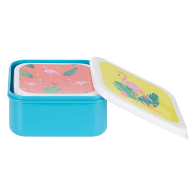 Turquoise plastic flamingo lunch boxes mimo set featuring pink flamingo leaf pattern with matching yellow lids