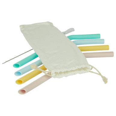 Mimo set of 4 flexible comfort silicone straws in pastel colors with a cream drawstring storage pouch