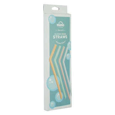 A mimo set of 4 flexible comfort silicone straws in pastel yellow pink and green in a bubble graphic sleeve