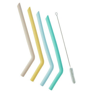 Mimo set of 4 colorful silicone straws in beige yellow light blue and teal with flexible comfort and cleaning brush