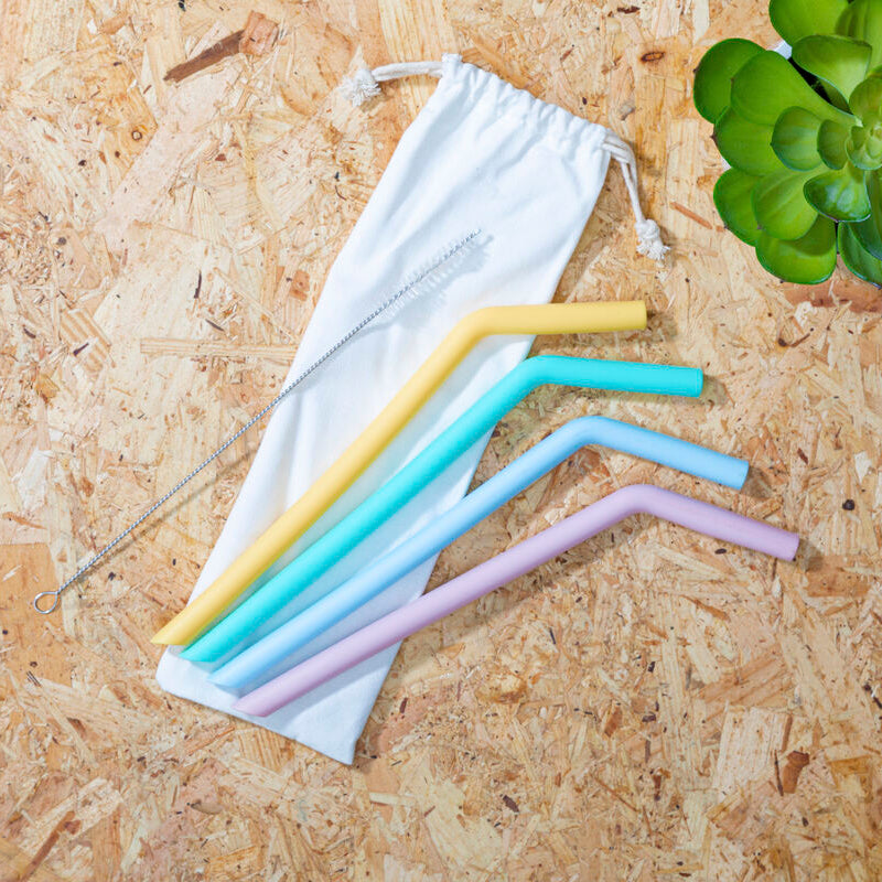 Mimo set of 4 pastel silicone straws in yellow cyan blue and lavender with flexible comfort and cleaning brush