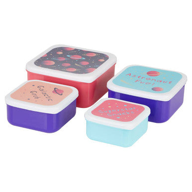 Set of four colorful plastic mimo set lunch boxes with space themed lids featuring planets and stars choose orsina