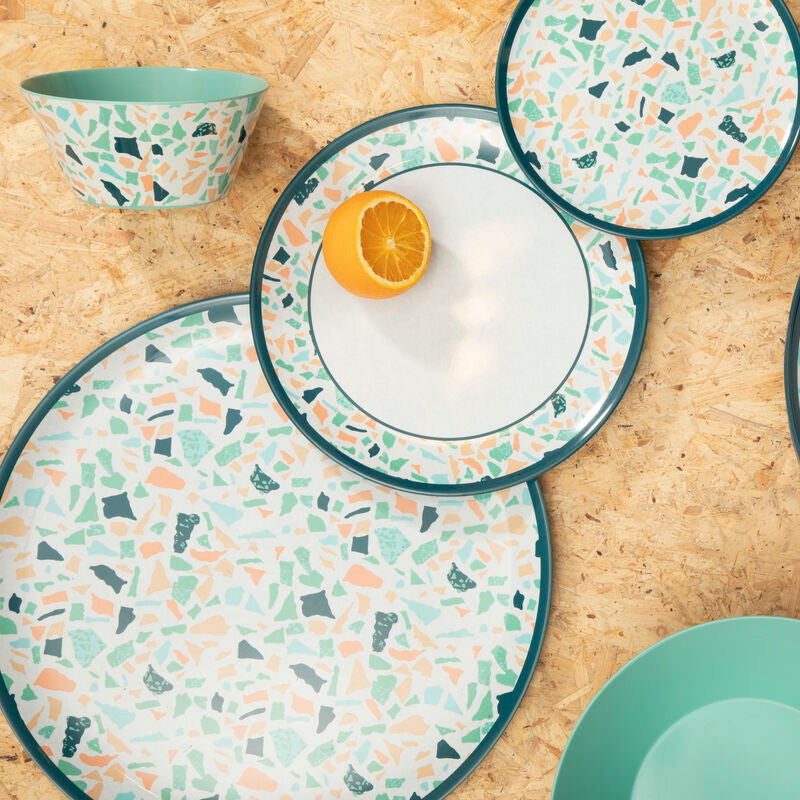 Mimo terrazzo salad bowl with terrazzo pattern in teal mint green and peach fragments on white ceramic dinnerware