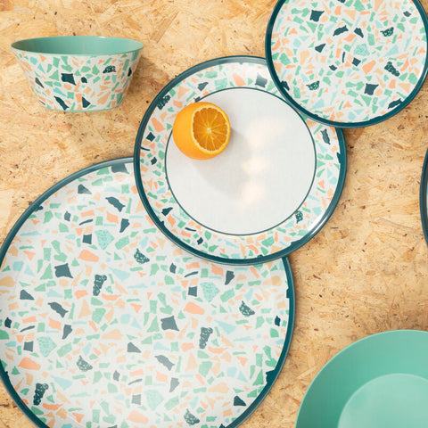 Mimo terrazzo salad bowl with terrazzo pattern in teal mint green and peach fragments on white ceramic dinnerware