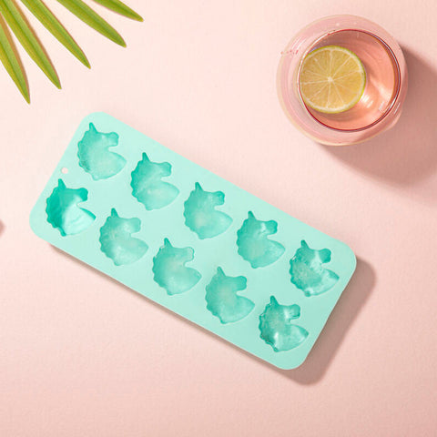 Mint green silicone ice cube tray with ten unicorn head molds perfect for making fun unicorn ice cubes