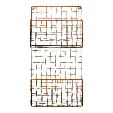 Copper-toned wire mimo wall mount magazine rack with grid pattern and three compartments for wall mount storage
