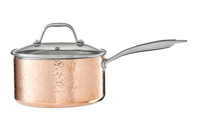 Minerva copper finish large hammered saucepan 20 cm with lid stainless steel handle and clear glass top
