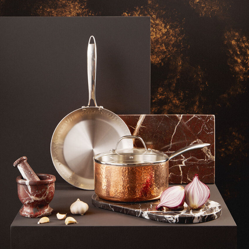 Hammered copper finish large saucepan with glass lid and stainless steel handle from minerva copper finish series