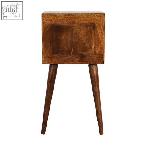 A rustic mini 2-drawer chestnut bedside table with tapered legs and warm brown wood grain finish