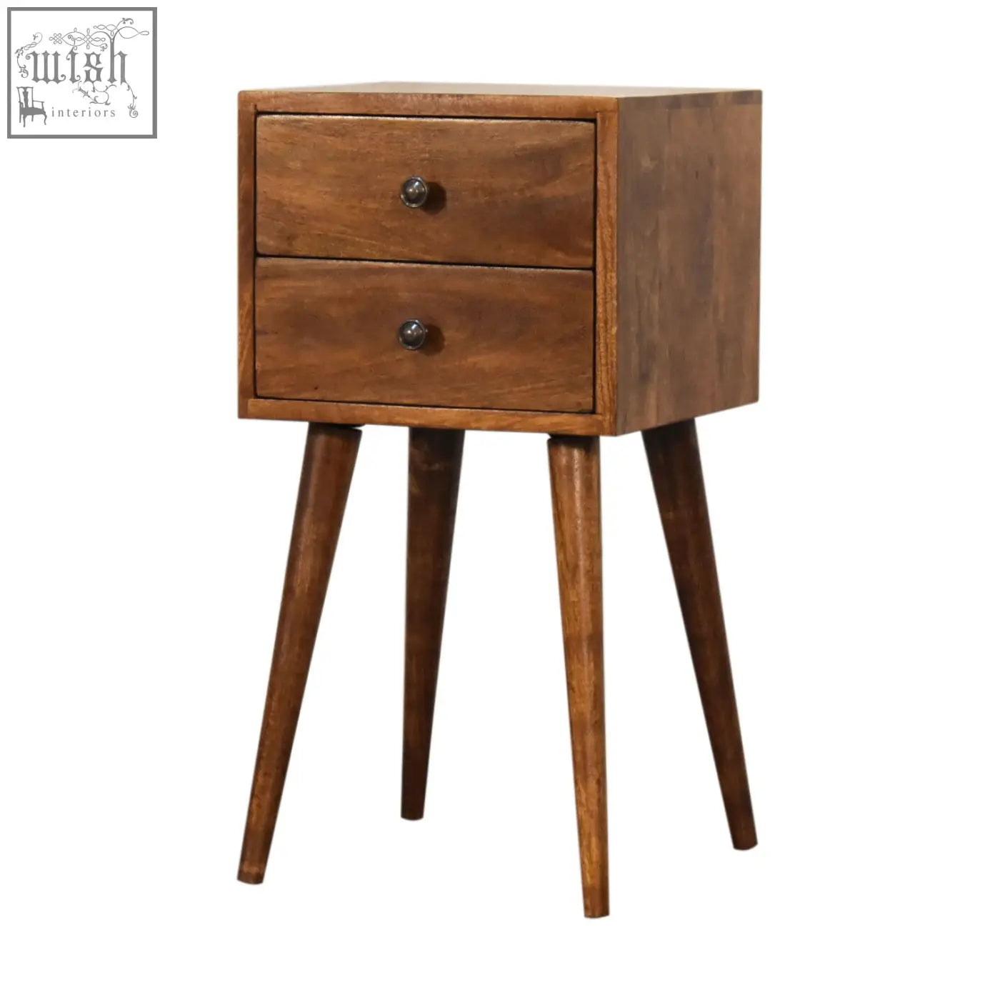Rustic mini 2-drawer chestnut bedside table with tapered legs and wooden finish for bedroom storage
