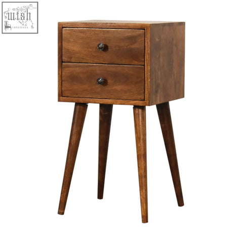 Rustic mini 2-drawer chestnut bedside table with tapered legs and wooden finish for bedroom storage