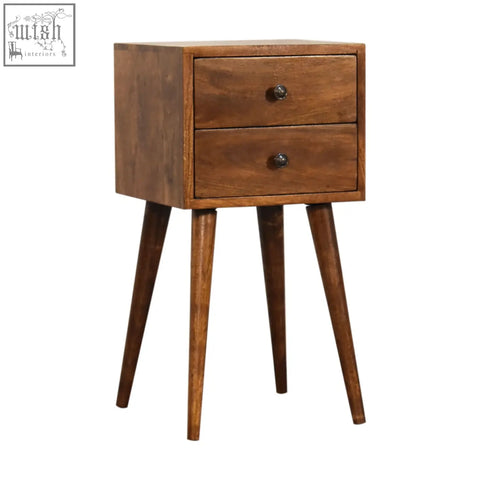 Rustic mini 2-drawer chestnut bedside table with tapered legs and wooden drawer chestnut finish perfect for bedrooms