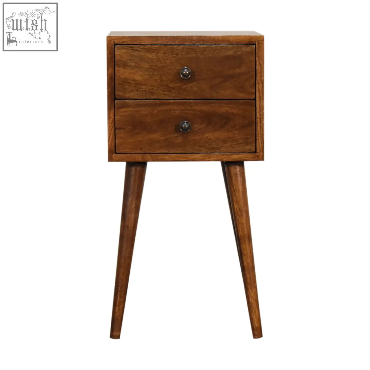 Mini 2-drawer chestnut bedside table with warm brown finish, rustic wood, tapered legs, and dark metal knobs drawer chestnut bedside
