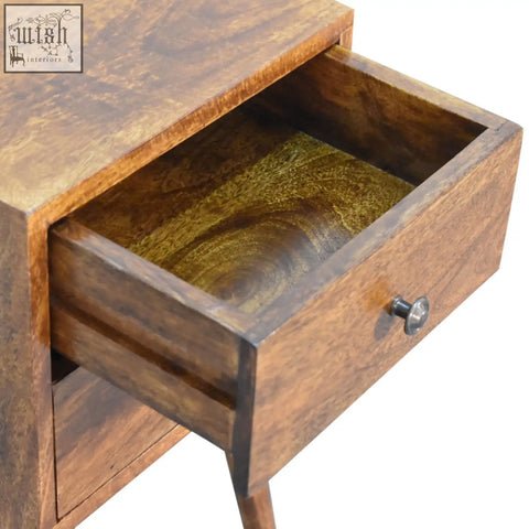 Mini 2-drawer chestnut bedside table with rich brown wood grain and a silver knob on a rustic drawer chestnut design