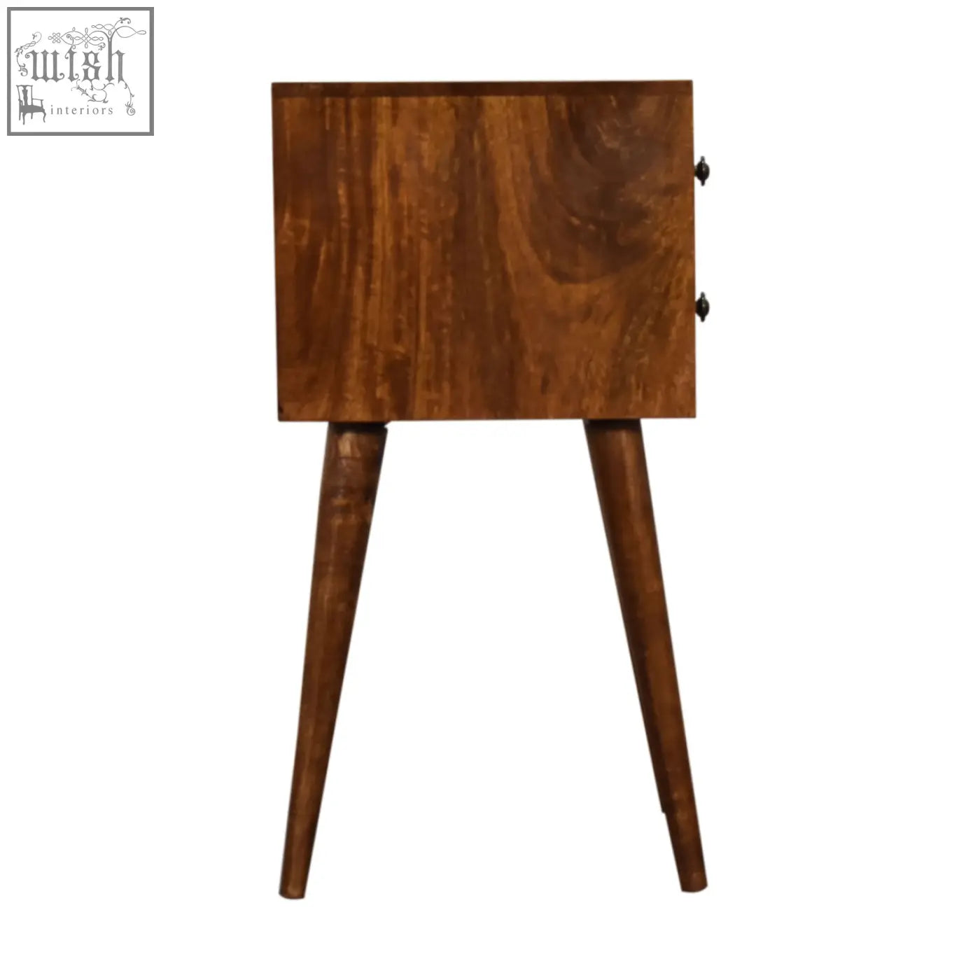 A sleek mid-century modern wooden mini 2-drawer chestnut bedside table with tapered legs and rich brown finish