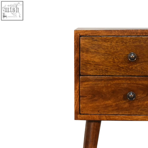 A warm medium-brown drawer chestnut bedside table with two drawers and sleek metal knobs for bedroom use