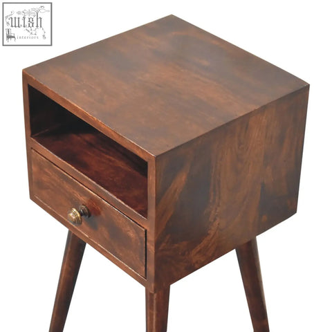 Dark brown california walnut bedside table with single drawer and open shelf on angled legs for bedroom use