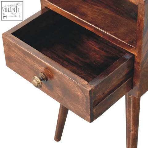 Dark brown california walnut bedside table with single drawer brass knob and tapered legs mini california walnut bedstand