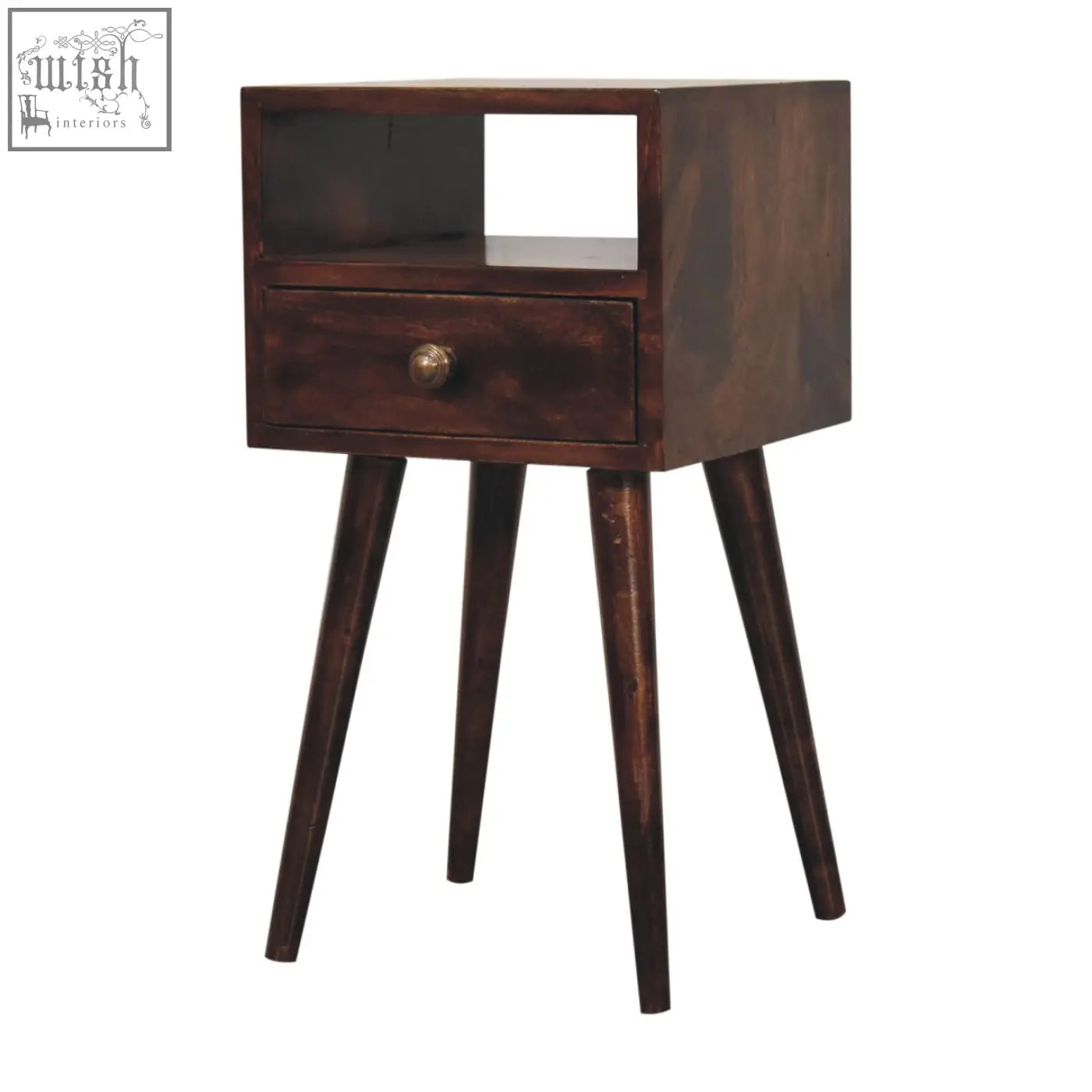 Dark brown california walnut bedside table with single drawer open shelf and angled legs perfect for small spaces