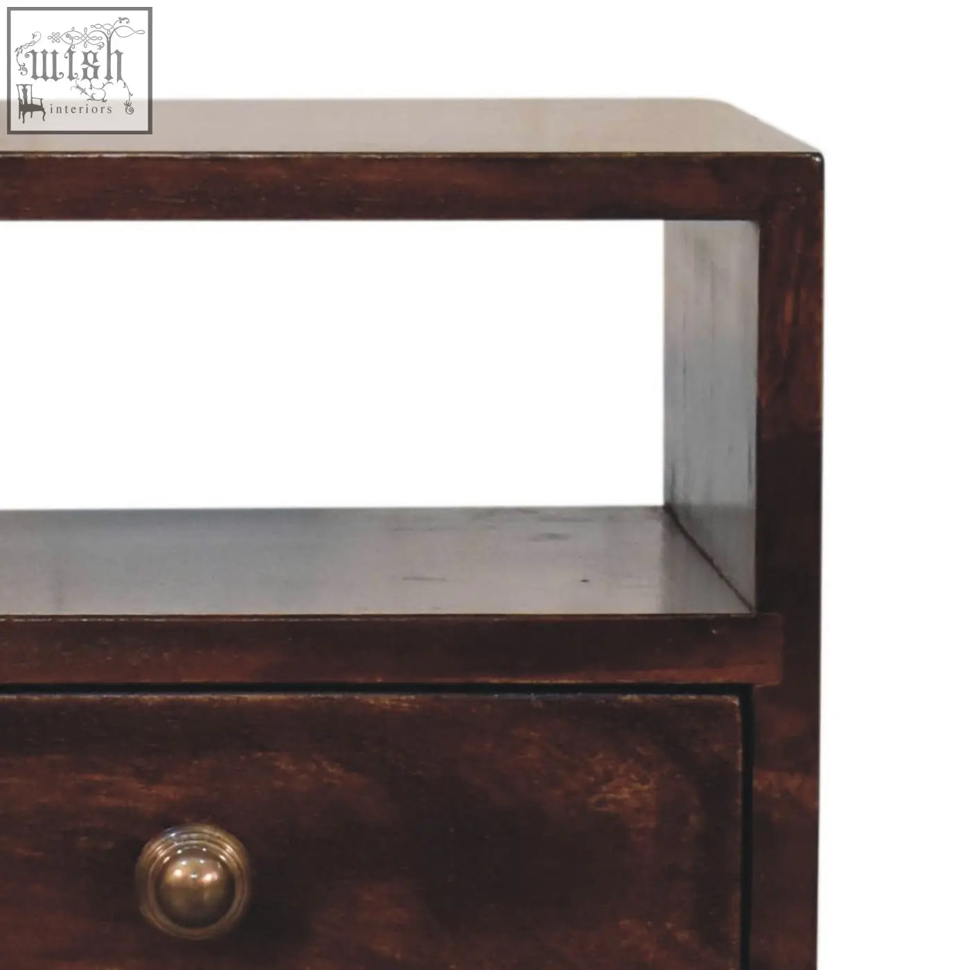 Dark brown california walnut bedside table with single drawer and brass knob perfect as a mini bedside table