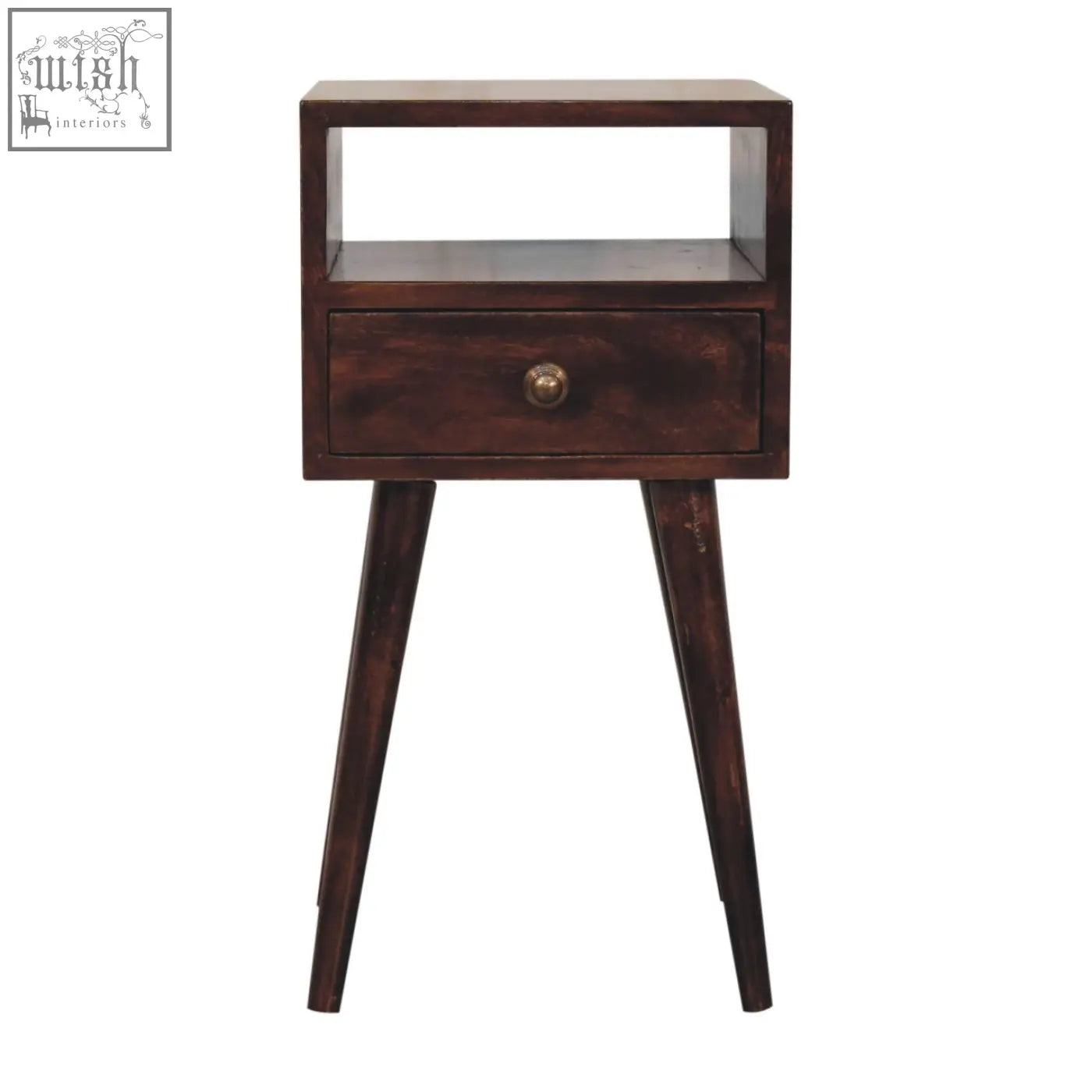 Dark brown california walnut bedside table with single drawer and angled legs perfect for small spaces