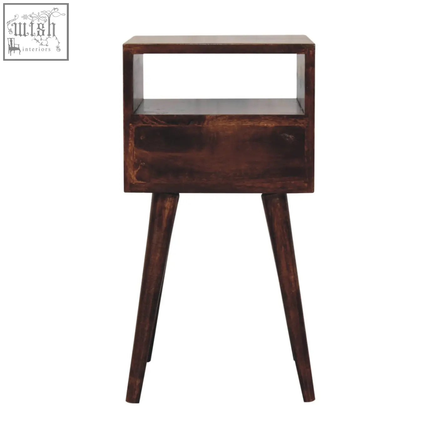 Dark brown california walnut bedside table with one drawer open shelf and angled legs perfect for small spaces