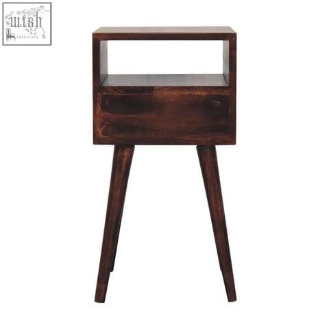 Dark brown california walnut bedside table with one drawer open shelf and angled legs perfect for small spaces