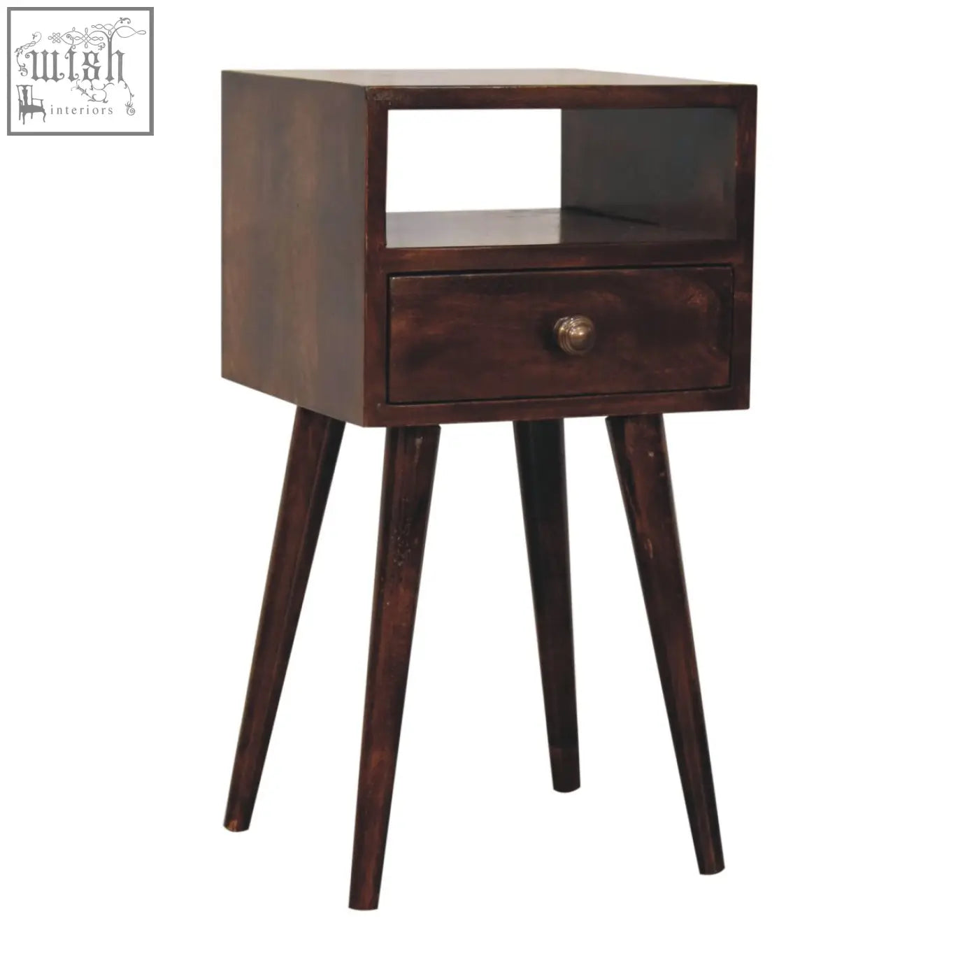 Dark brown california walnut bedside table with single drawer open shelf and tapered legs for compact spaces
