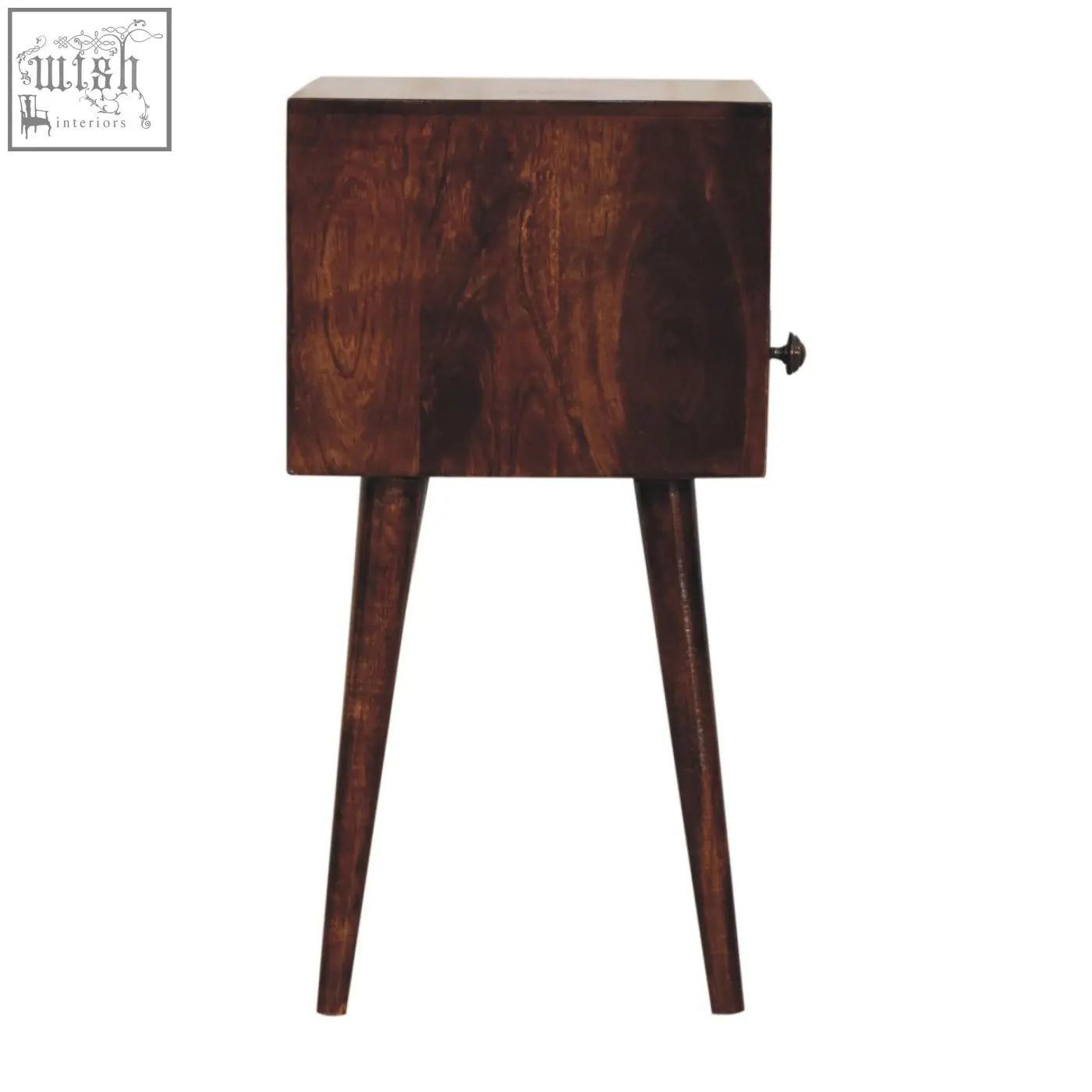 Dark brown california walnut bedside table with rectangular top tapered legs and small black knob on side