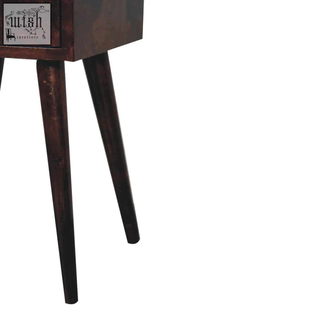 Dark brown california walnut bedside table with tapered legs perfect as a mini california walnut bedside table