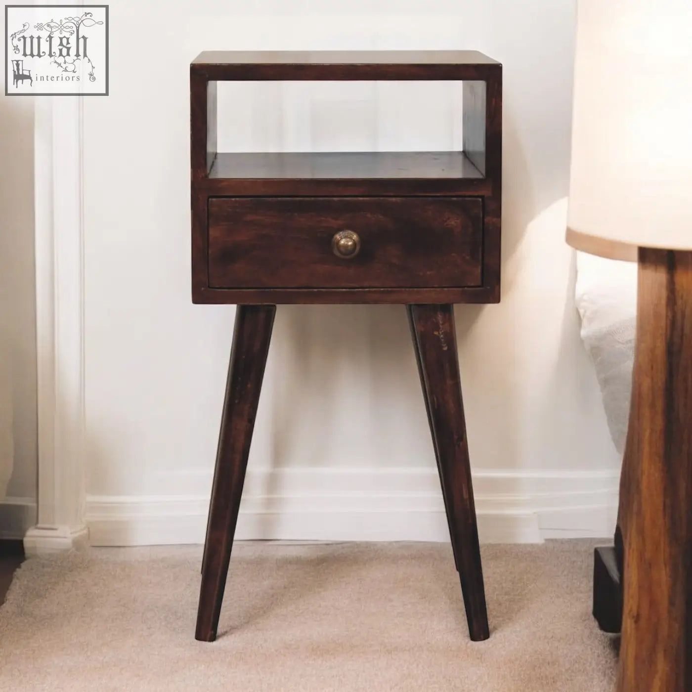 Dark wood california walnut bedside table with glass-fronted compartment and single drawer with brass knob
