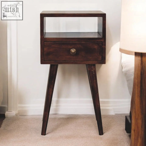 Dark wood california walnut bedside table with glass-fronted compartment and single drawer with brass knob