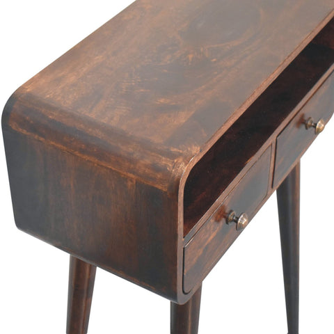 Dark brown mini california walnut curved console table with slender legs and two drawers in walnut finish