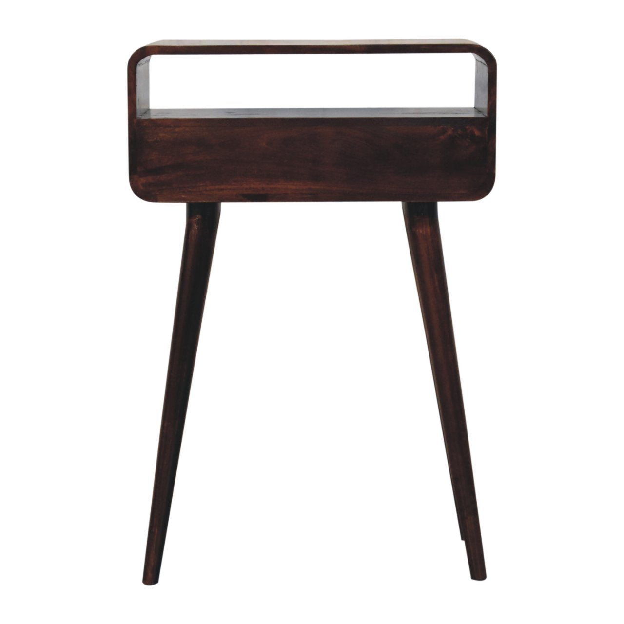Dark brown wooden mini california walnut curved console table with sleek curved top and tapered legs in walnut finish