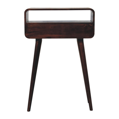 Dark brown wooden mini california walnut curved console table with sleek curved top and tapered legs in walnut finish