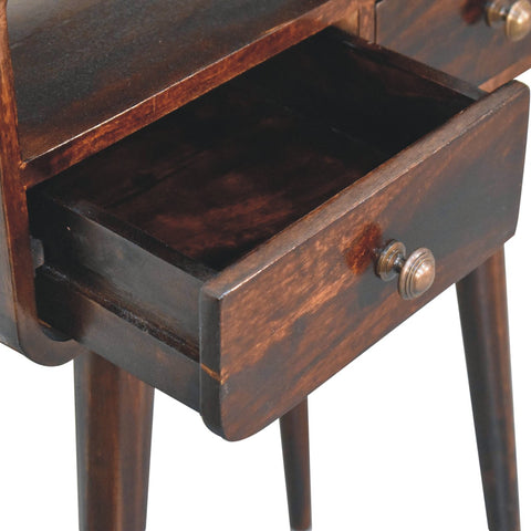 Dark brown wooden mini california walnut curved console table with a single drawer and brass knobs walnut finish